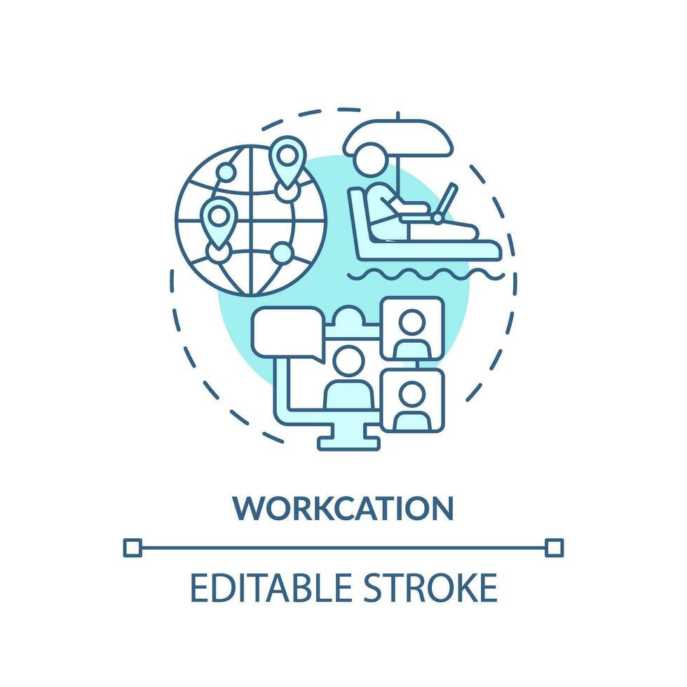 2D editable blue workcation icon, monochromatic isolated vector, thin line illustration representing workplace trends. vector