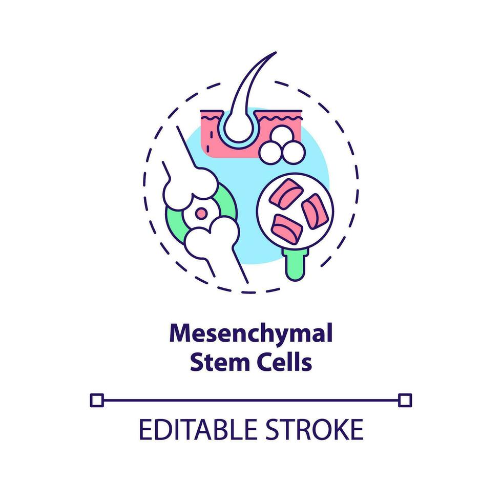 2D editable multicolor mesenchymal stem cells icon, simple isolated vector, thin line illustration representing cell therapy. vector