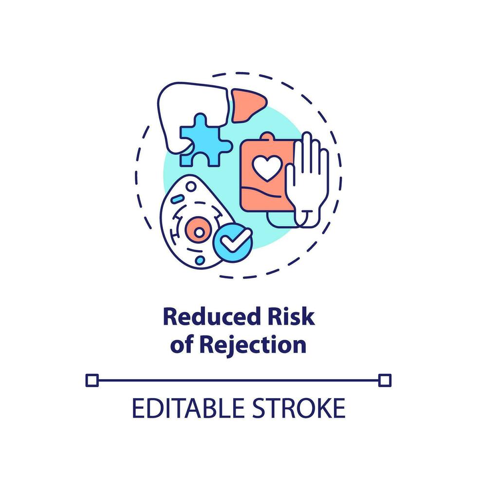 2D editable multicolor reduced risk of rejection icon, simple isolated vector, thin line illustration representing cell therapy. vector