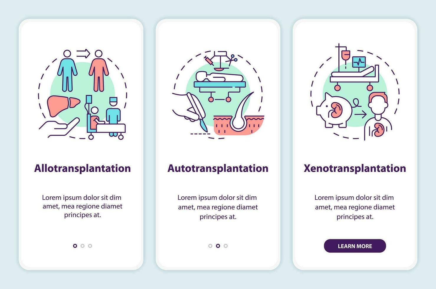 2D icons representing cell therapy strategies mobile app screen set. Walkthrough 3 steps colorful graphic instructions with thin line icons concept, UI, UX, GUI template. vector
