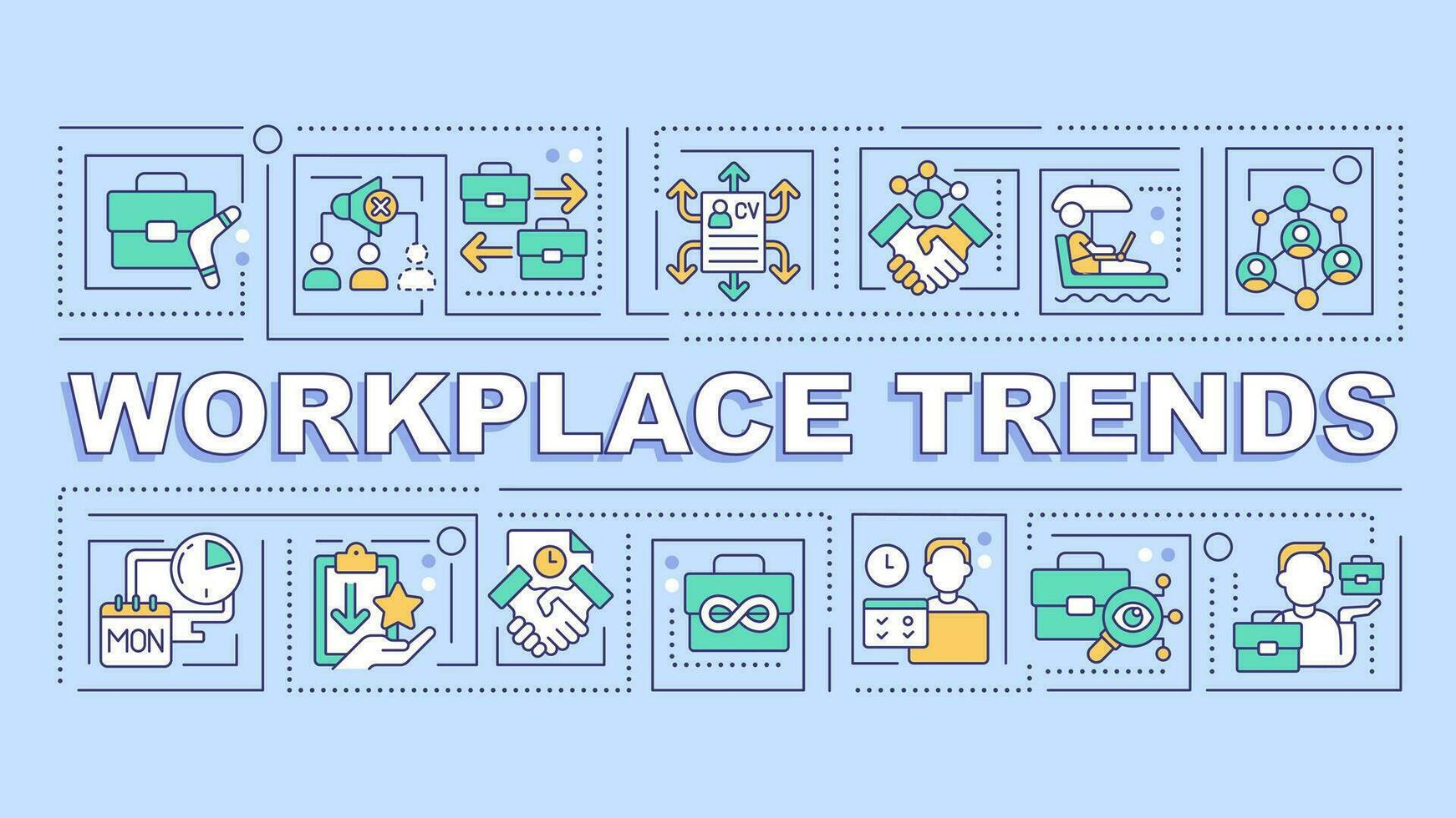 2D workplace trends text with various thin line icons concept on blue monochromatic background, editable vector illustration.