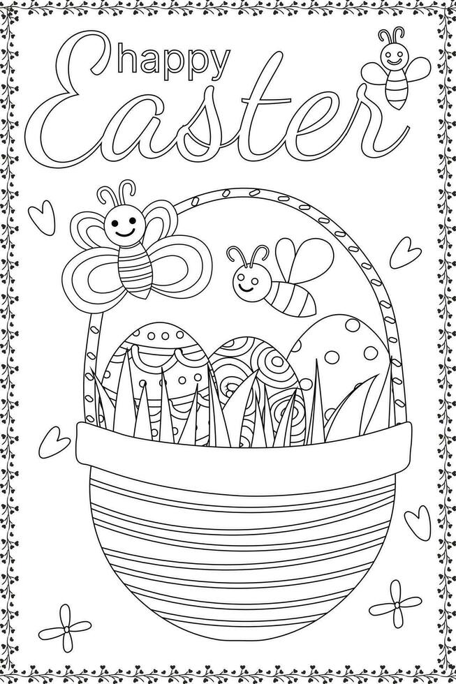 Easter Eggs Basket coloring page for Children with cute kawaii Elements. vector