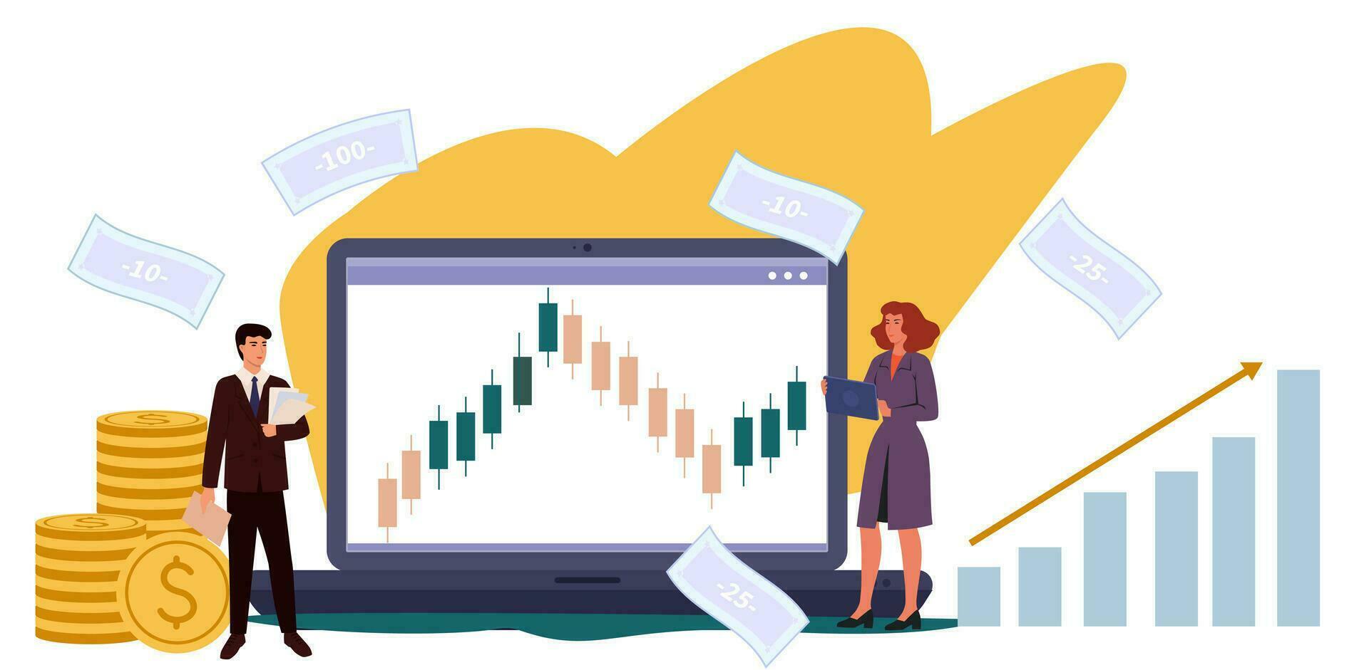 Financial analysis candlestick graph chart. Stock market index, global trade exchange. Trading on Forex. Brokers, traders analyzing growth, revenue. Investment income. vector