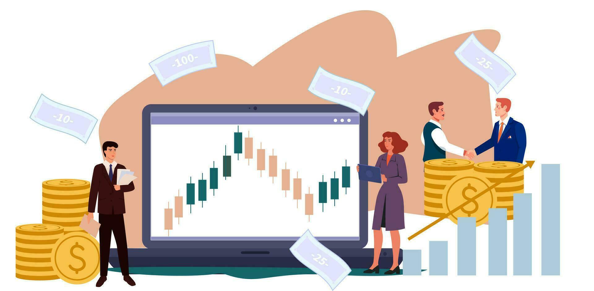 Investment in shares, bonds and stocks. Forex trading. Brokers and traders. Stock market concept. Shareholders getting the income revenue. Miney stacks. Vector. vector