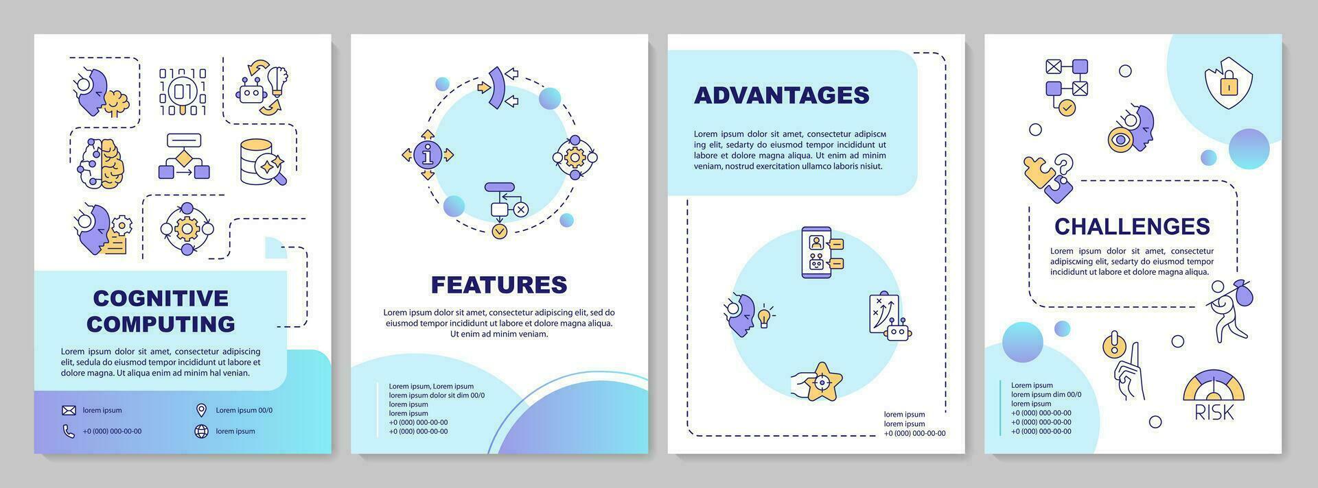 Cognitive computing creative gradient brochure template, leaflet design with thin linear simple icons, 4 vector layouts.