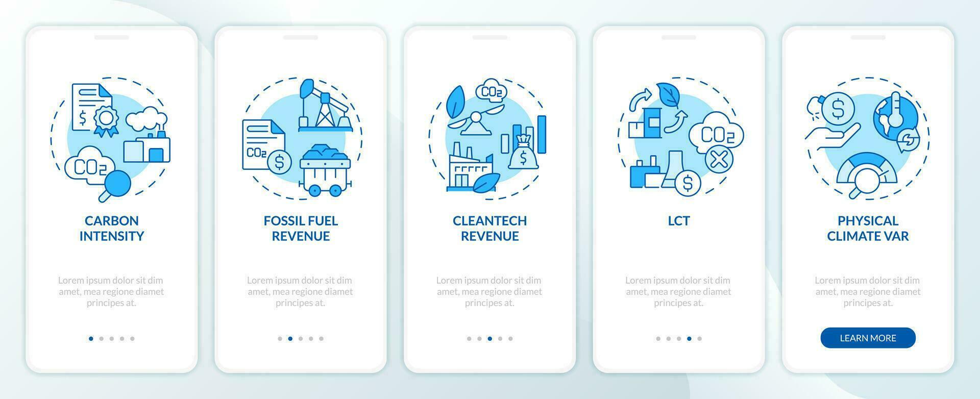 2D icons representing climate metrics mobile app screen set. Walkthrough 5 steps blue graphic instructions with thin line icons concept, UI, UX, GUI template. vector