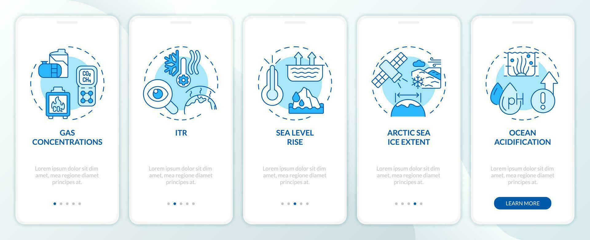 2D blue icons representing climate metrics mobile app screen set. Walkthrough 5 steps monochromatic graphic instructions with thin line icons concept, UI, UX, GUI template. vector