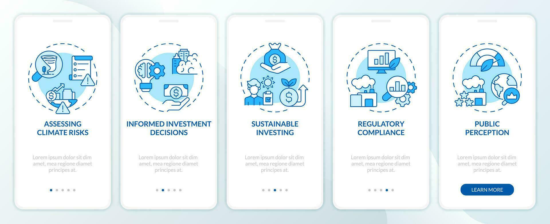 2d íconos representando clima métrica móvil aplicación pantalla colocar. recorrido 5 5 pasos azul gráfico instrucciones con lineal íconos concepto, ui, ux, gui modelo. vector