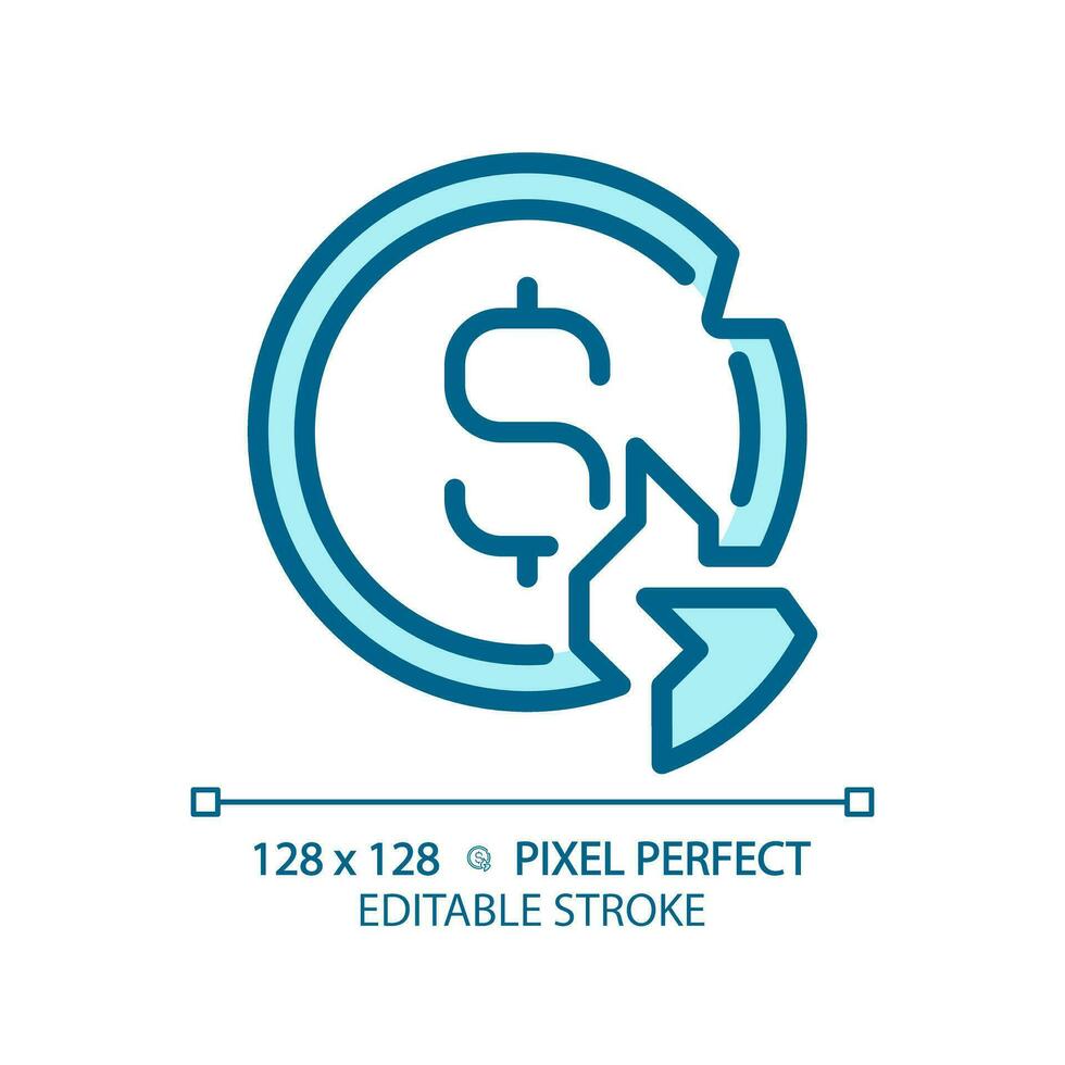 2D pixel perfect editable blue broken coin icon, isolated monochromatic vector, thin line illustration representing economic crisis. vector