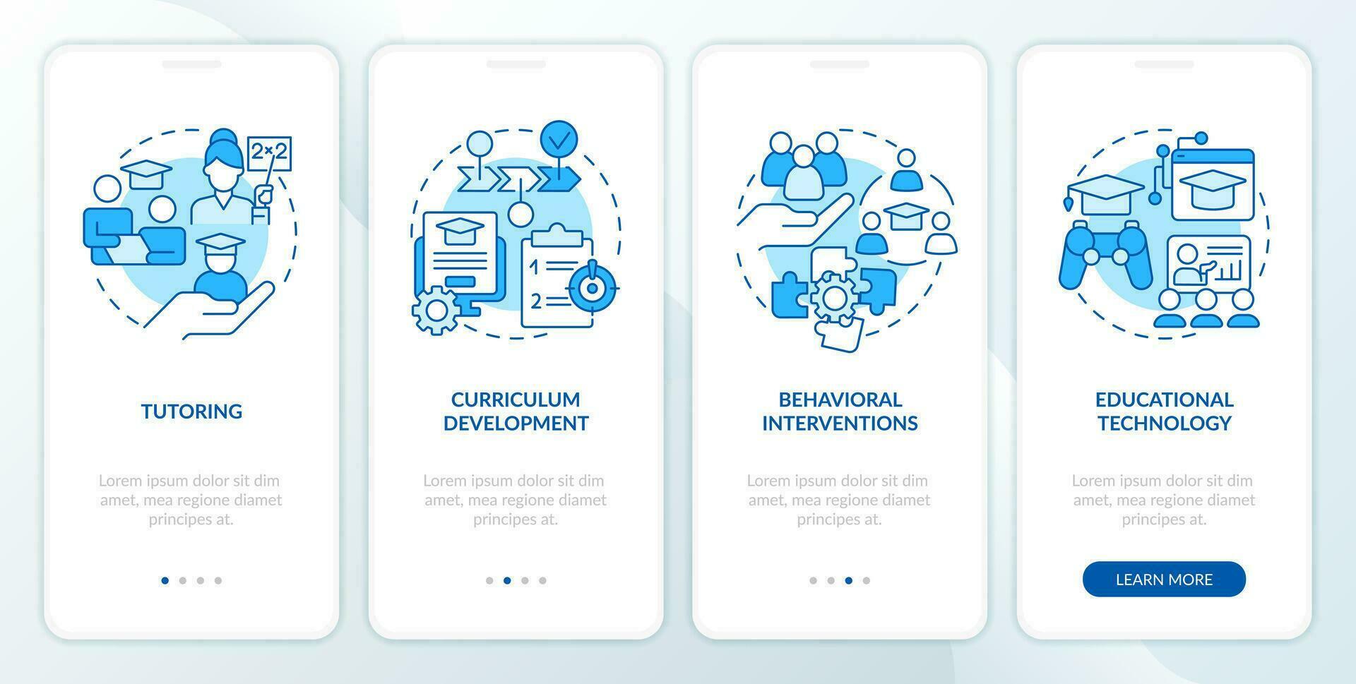 2D icons representing learning theories mobile app screen set. Walkthrough 4 steps blue graphic instructions with line icons concept, UI, UX, GUI template. vector