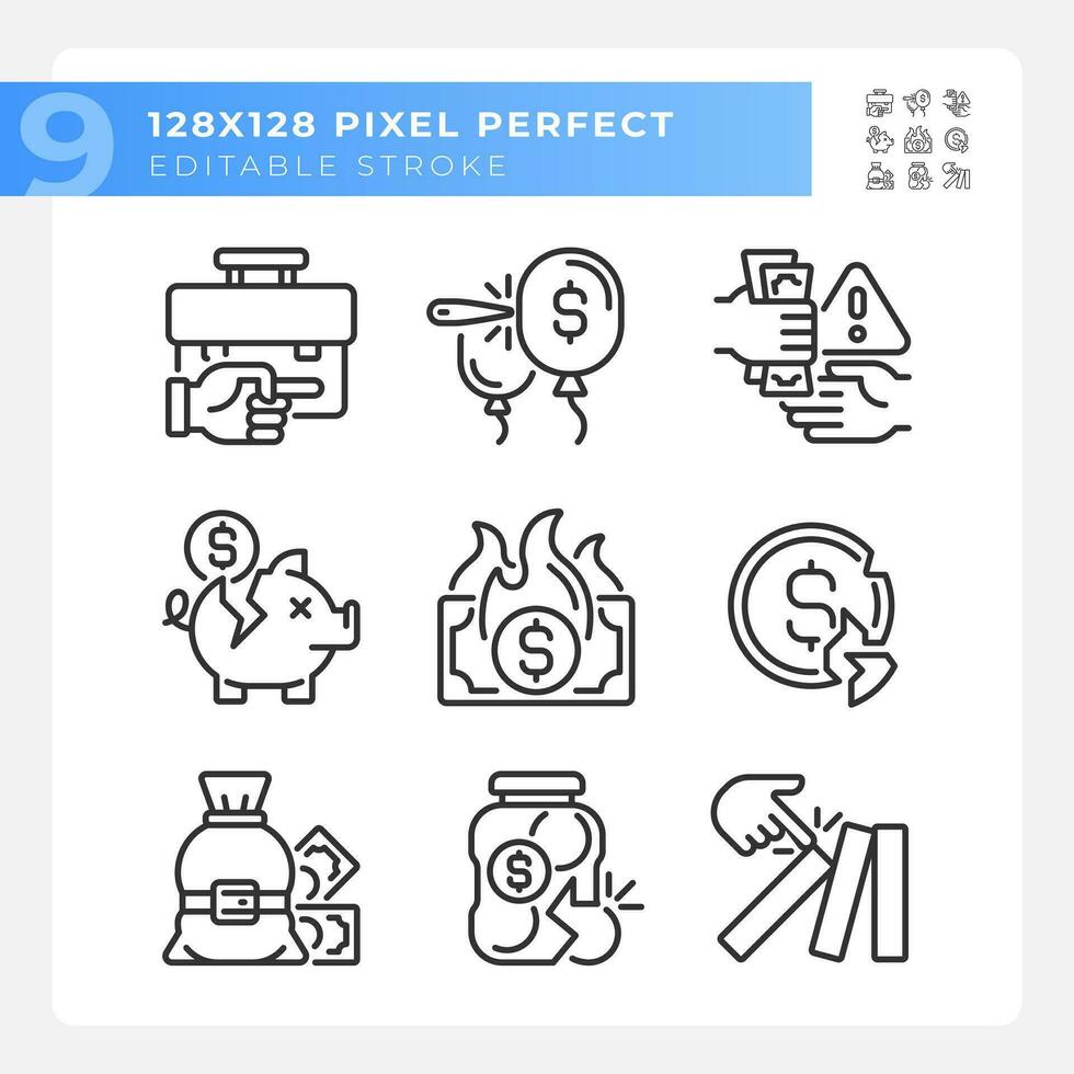 Pixel perfect simple icons set representing economic crisis, editable black thin line illustration. vector