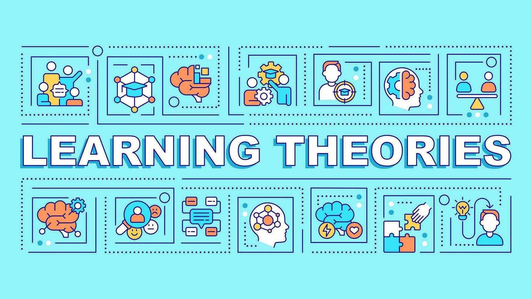 Learning theories text with various thin line icons concept on blue monochromatic background, editable 2D vector illustration.