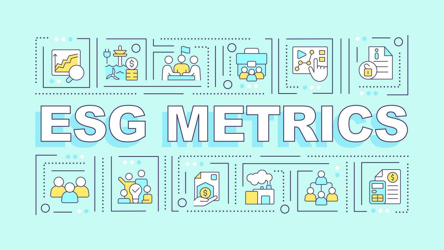 ESG metrics text with various thin line icons concept on blue monochromatic background, editable 2D vector illustration.