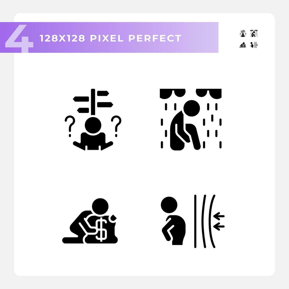 píxel Perfecto glifo estilo íconos conjunto representando psicología, silueta ilustración. vector