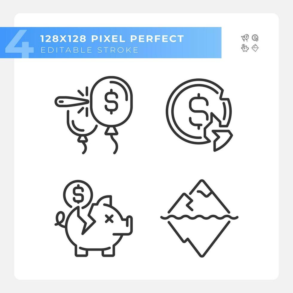 Pixel perfect black icons set representing economic crisis, editable thin line illustration. vector