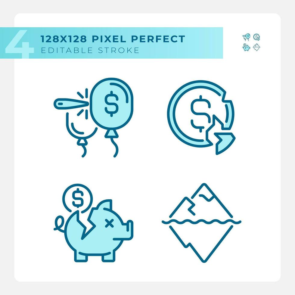 Pixel perfect blue icons set representing economic crisis, editable thin line illustration. vector