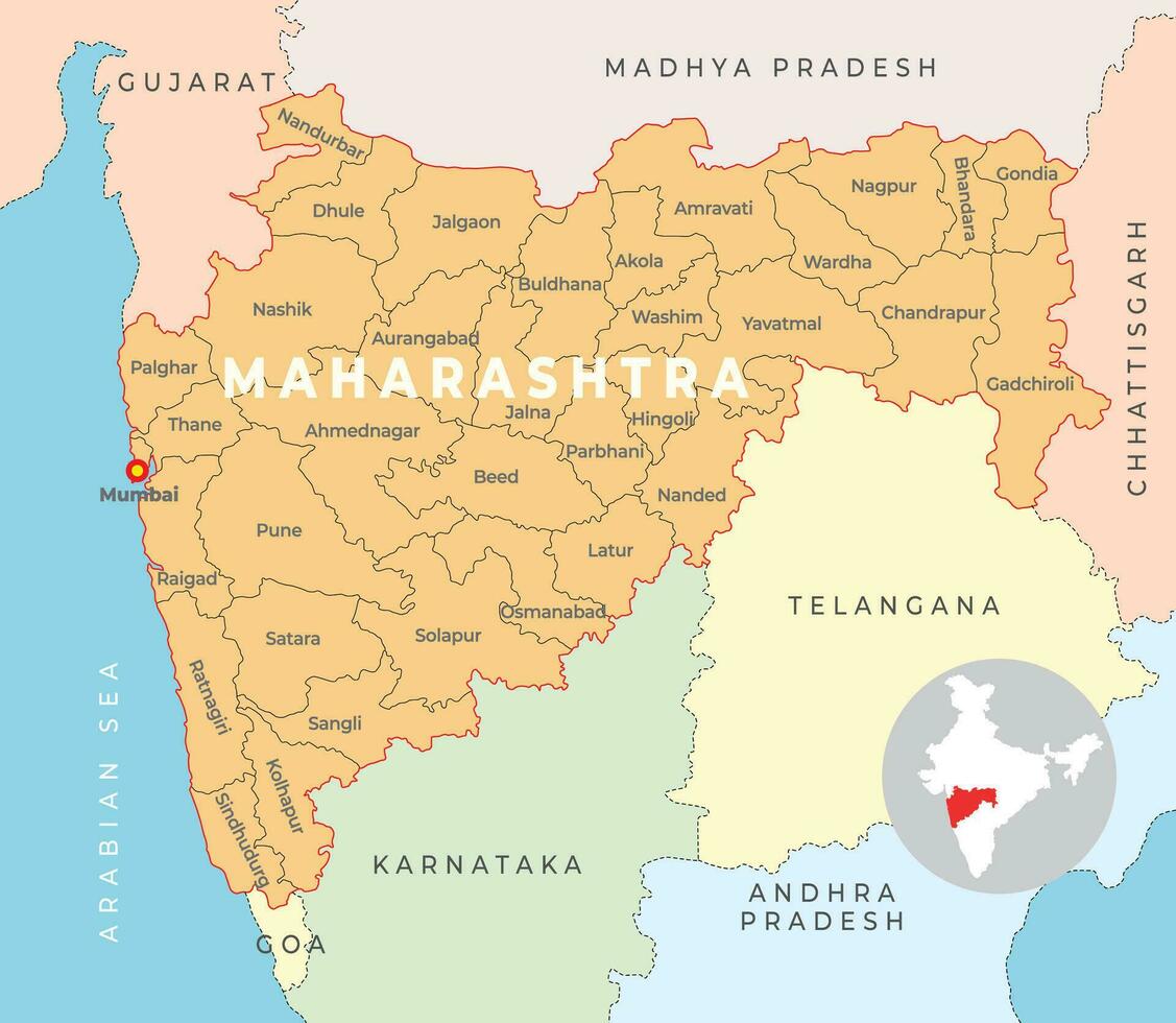 Maharashtra district map with neighbour state vector