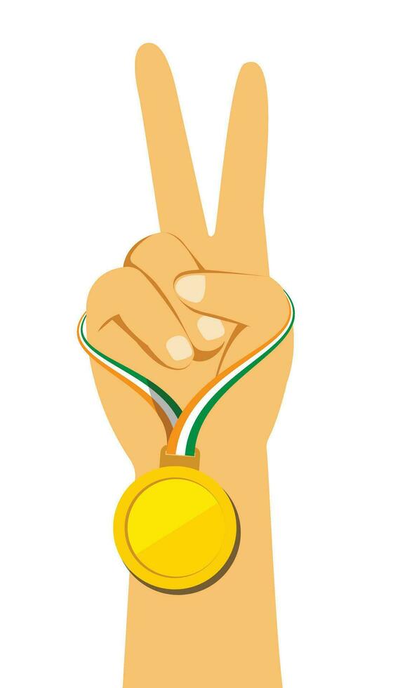 Man showing victory hand with gold medal vector