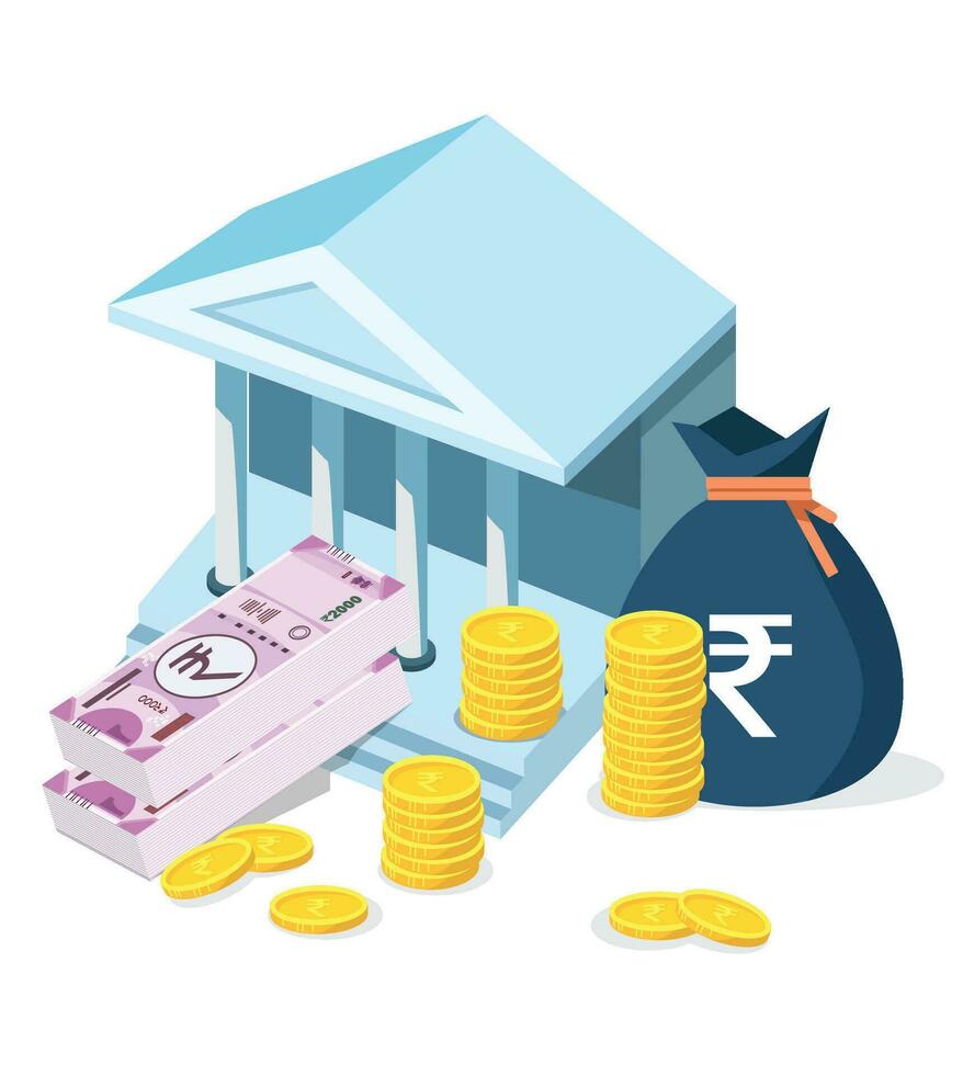 Bank with rupee bundle, money bag coin showing NPA, bad loan. vector