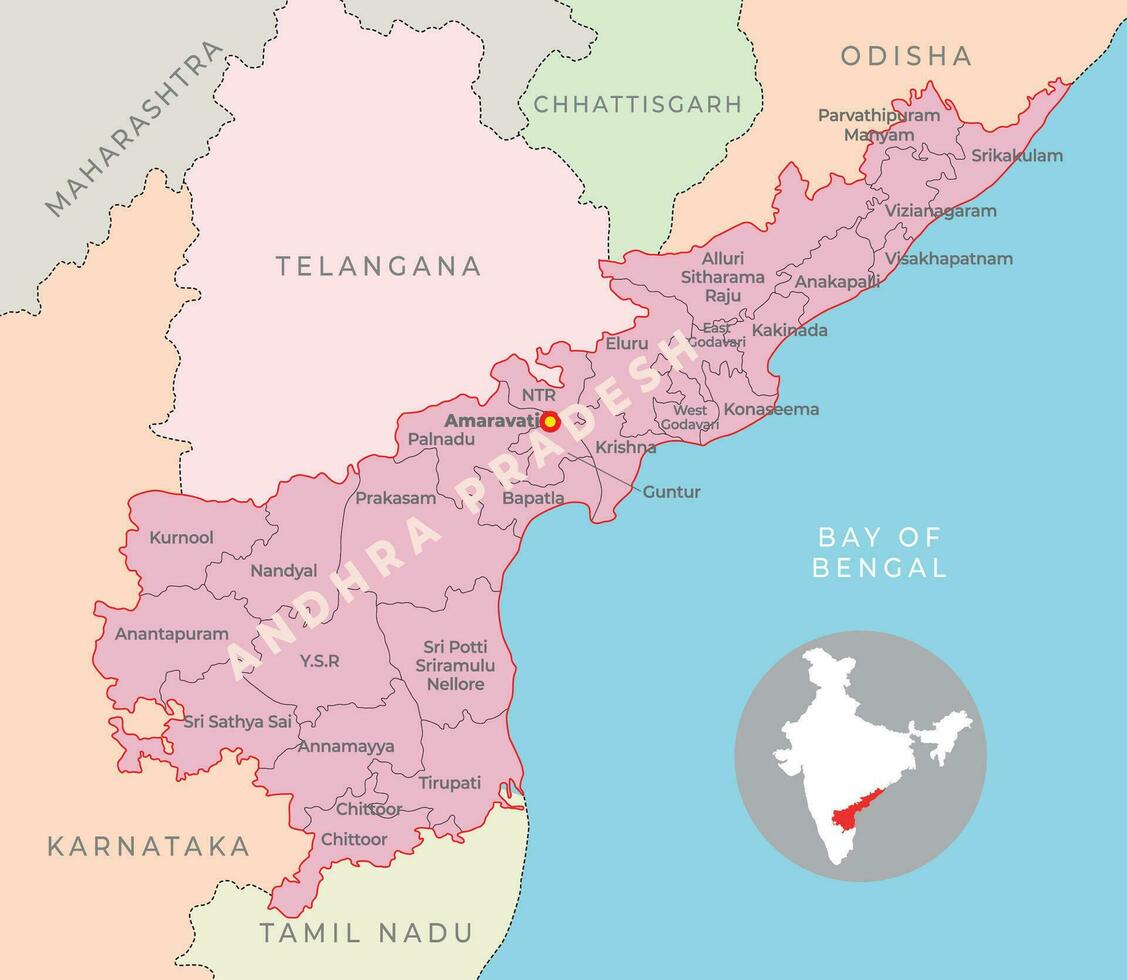 Andhra Pradesh distrito mapa con vecino estado vector