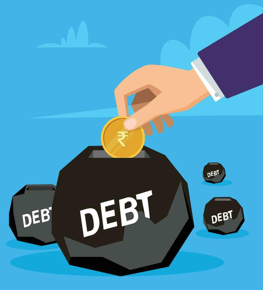 Man putting rupee coin in debt box, financial crisis concept vector illustration