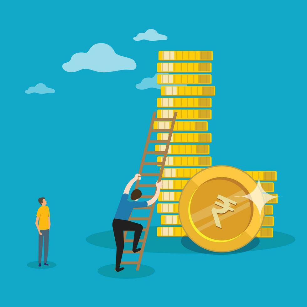 Man climbing on coin bar, business finance growth vector illustration