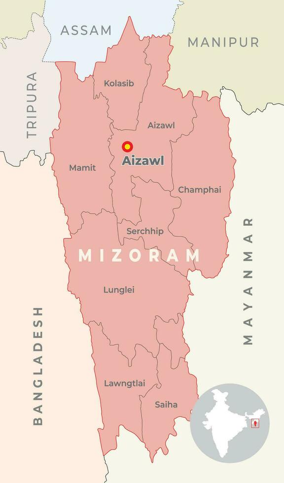 Mizoram District map with neighbour state and country vector