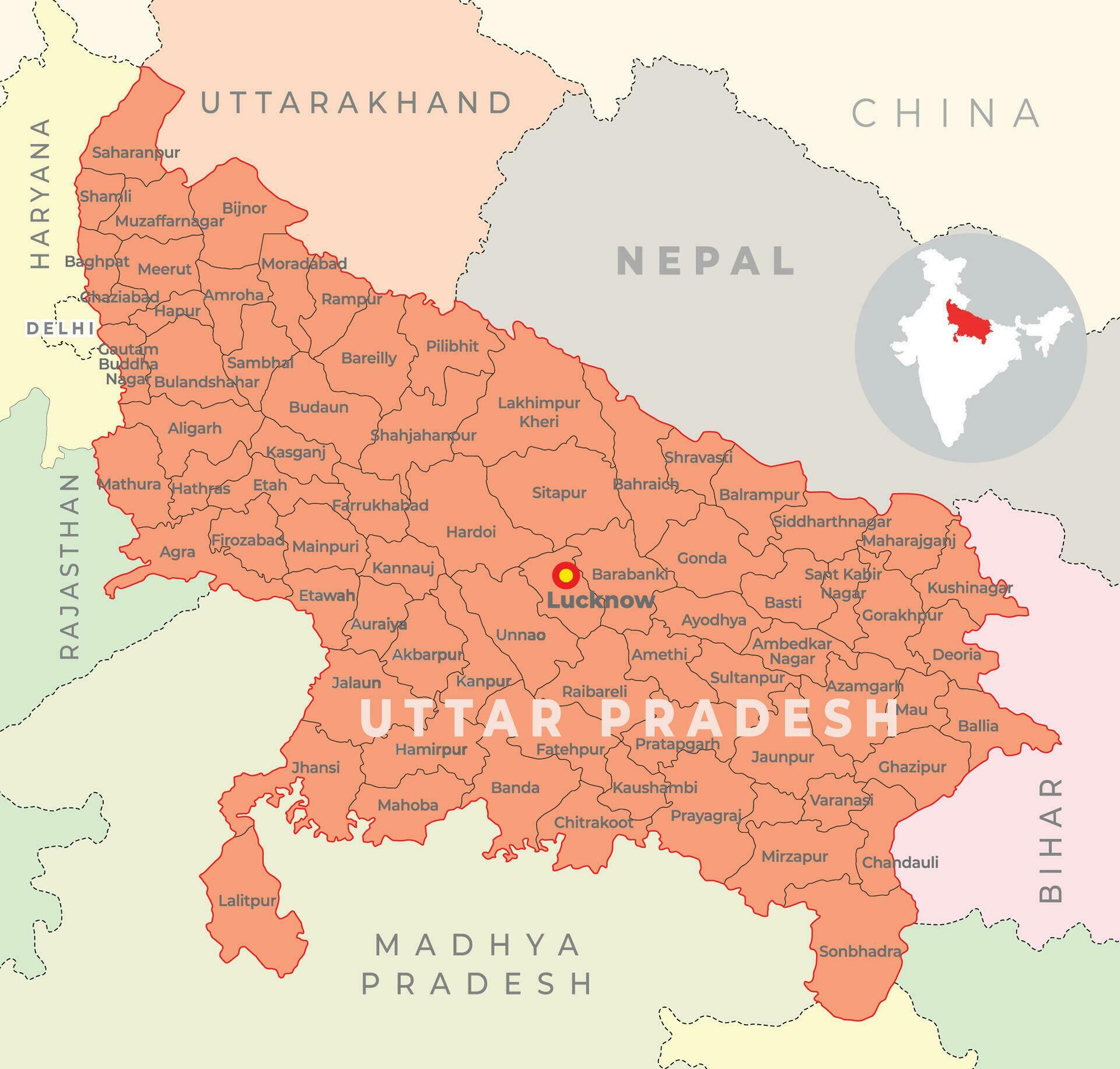 Uttar Pradesh district map with neighbour state and country 36224623 Vector Art at Vecteezy