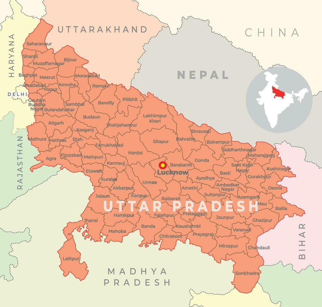 uttar Pradesh distrito mapa con vecino estado y país vector