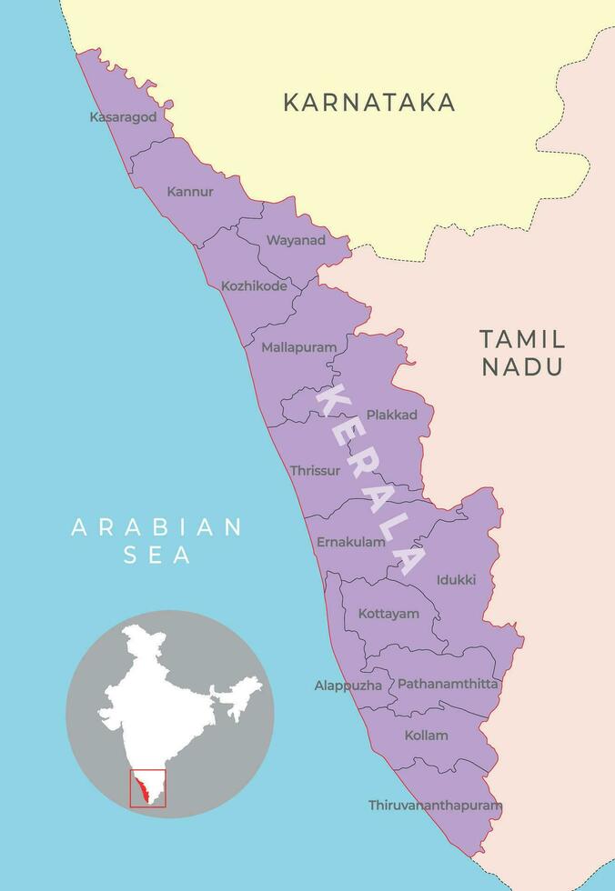 Kerala district map with neighbour state vector