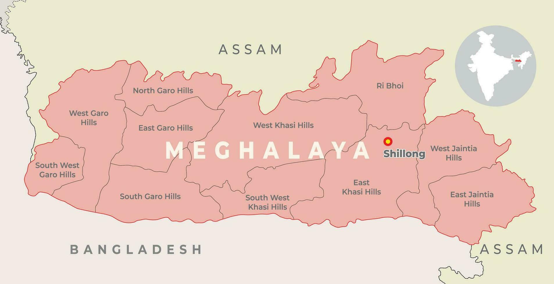 Meghalaya district map with neighbour state and country vector