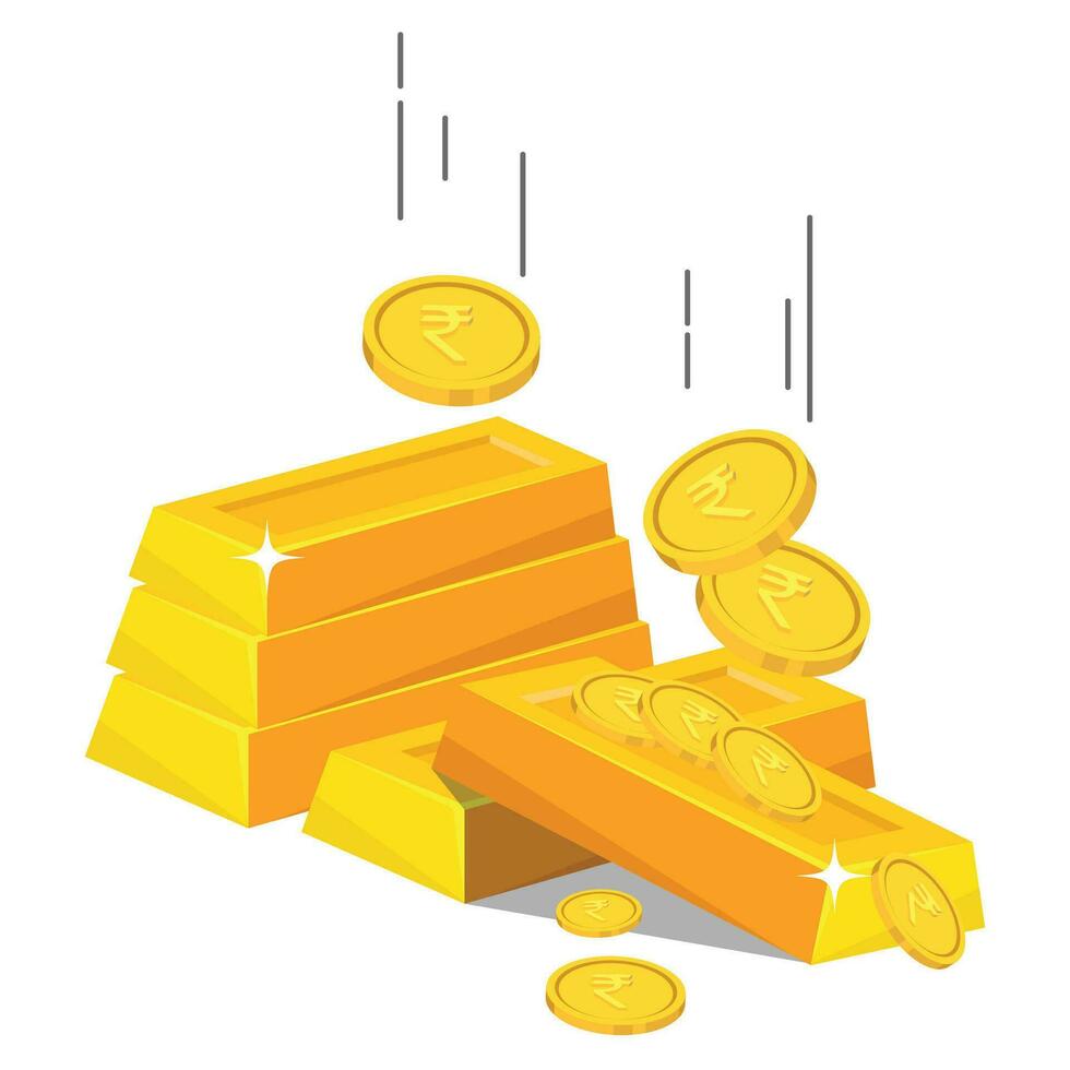 Falling rupee coin on shiny gold bar vector