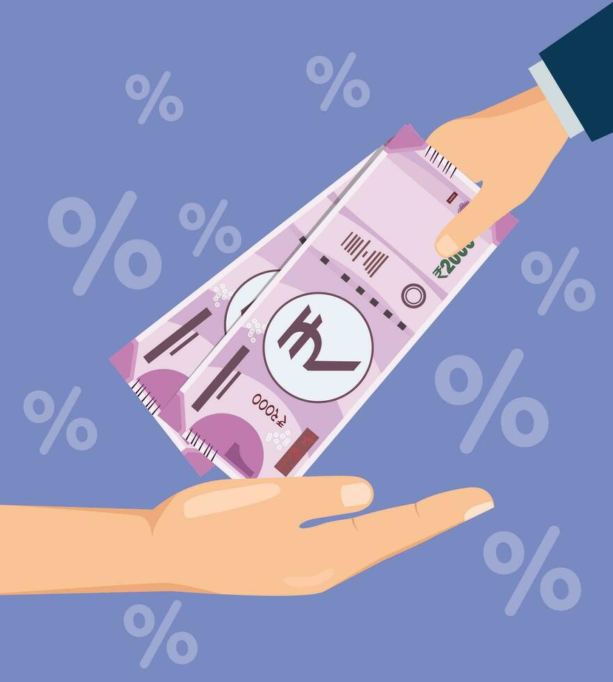 Man paying money to other person, Loan business concept illustration, Indian rupee bank note vector