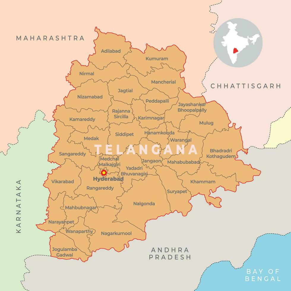Telangana district map with neighbour state vector