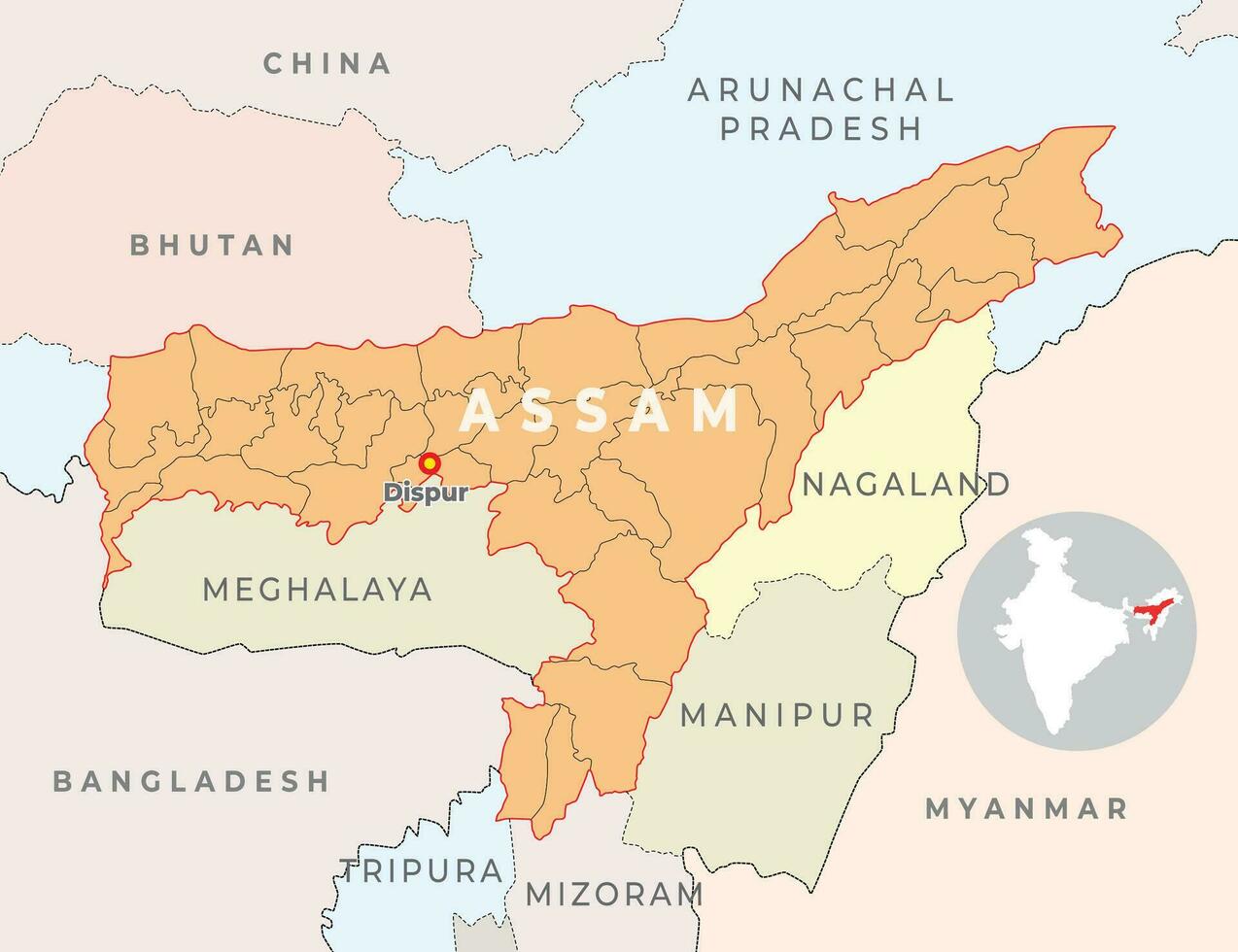 Assam district map with neighbour state and country vector