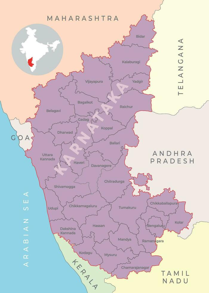 Karnataka district map with neighbour state vector