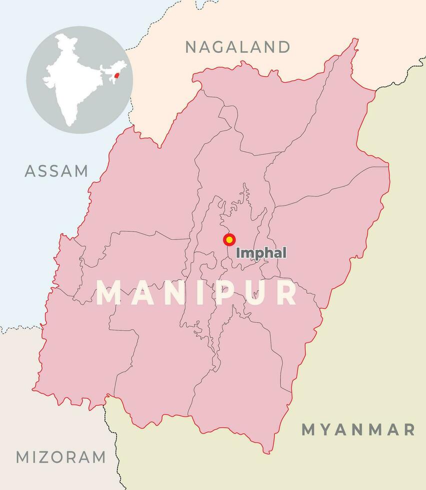 Manipur district map with neighbour state and country vector