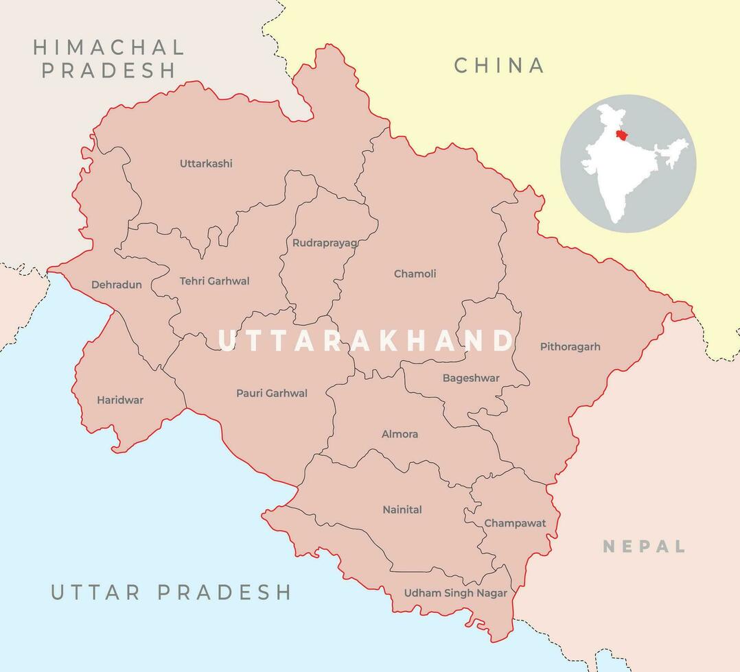 Uttarakhand district map with neighbour state and country vector