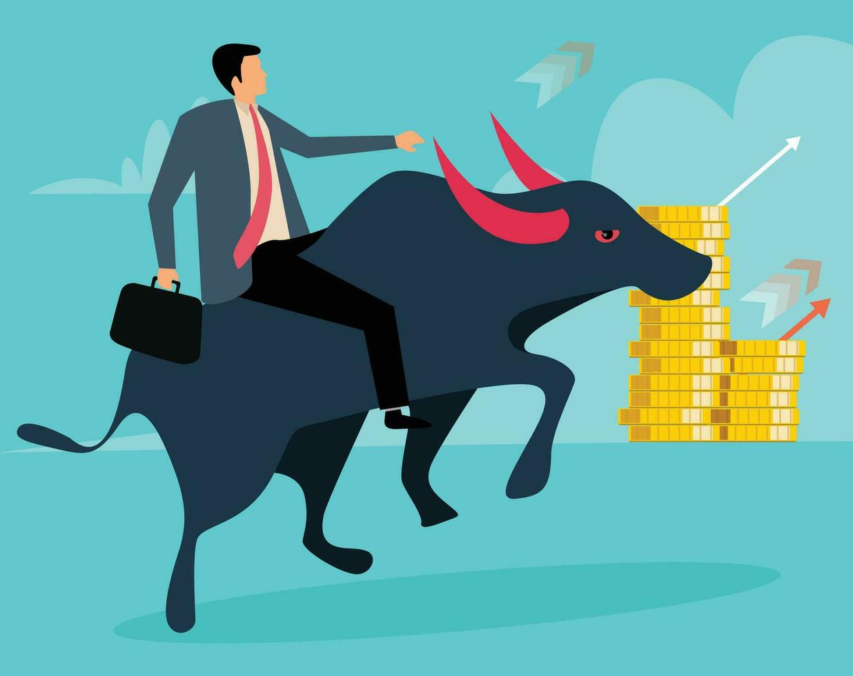 Business man riding bull, investment growth vector illustration