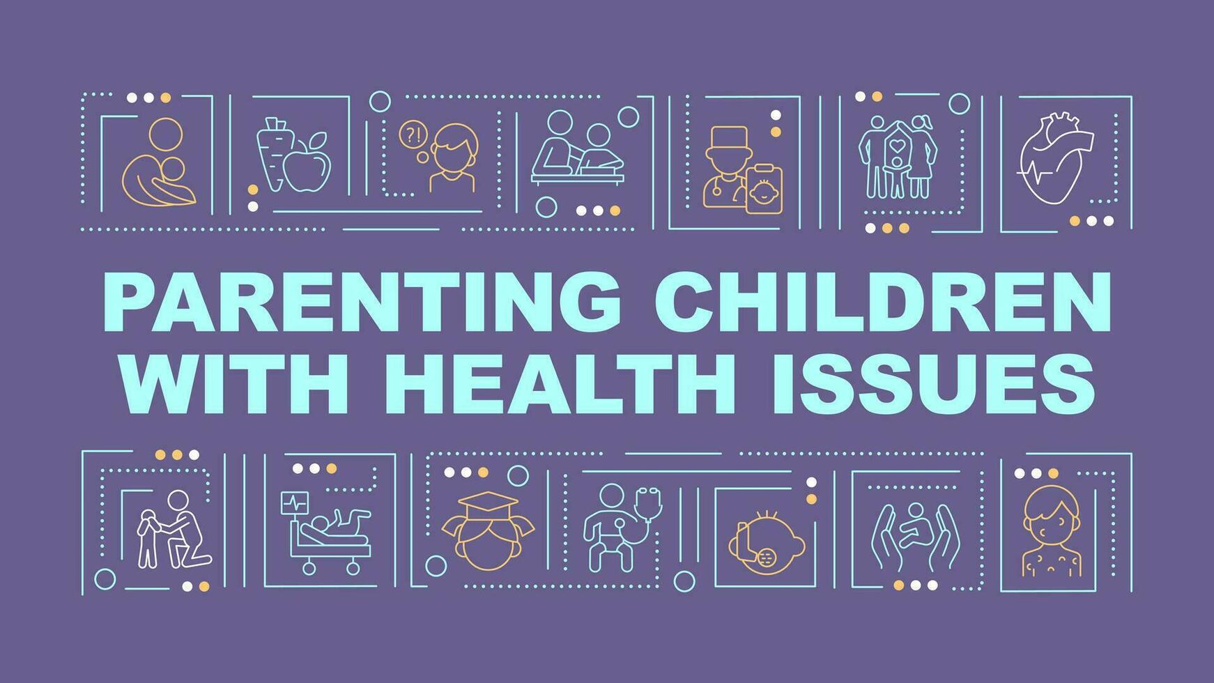 2D parenting children with health issues text various thin line icons concept on dark purple monochromatic background, editable 2D vector illustration.