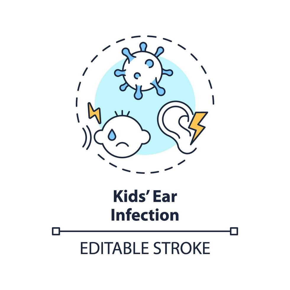 2D editable thin line icon kids ear infection concept, isolated simple vector, multicolor illustration representing parenting children with health issues. vector