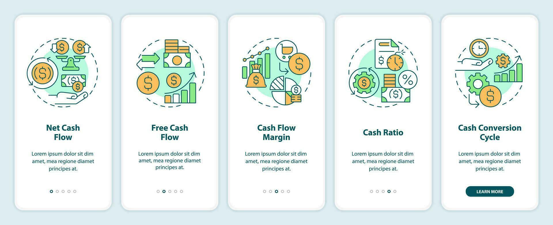 2D icons representing key metrics cash flow mobile app screen set. Walkthrough 5 steps multicolor graphic instructions with line icons concept, UI, UX, GUI template. vector