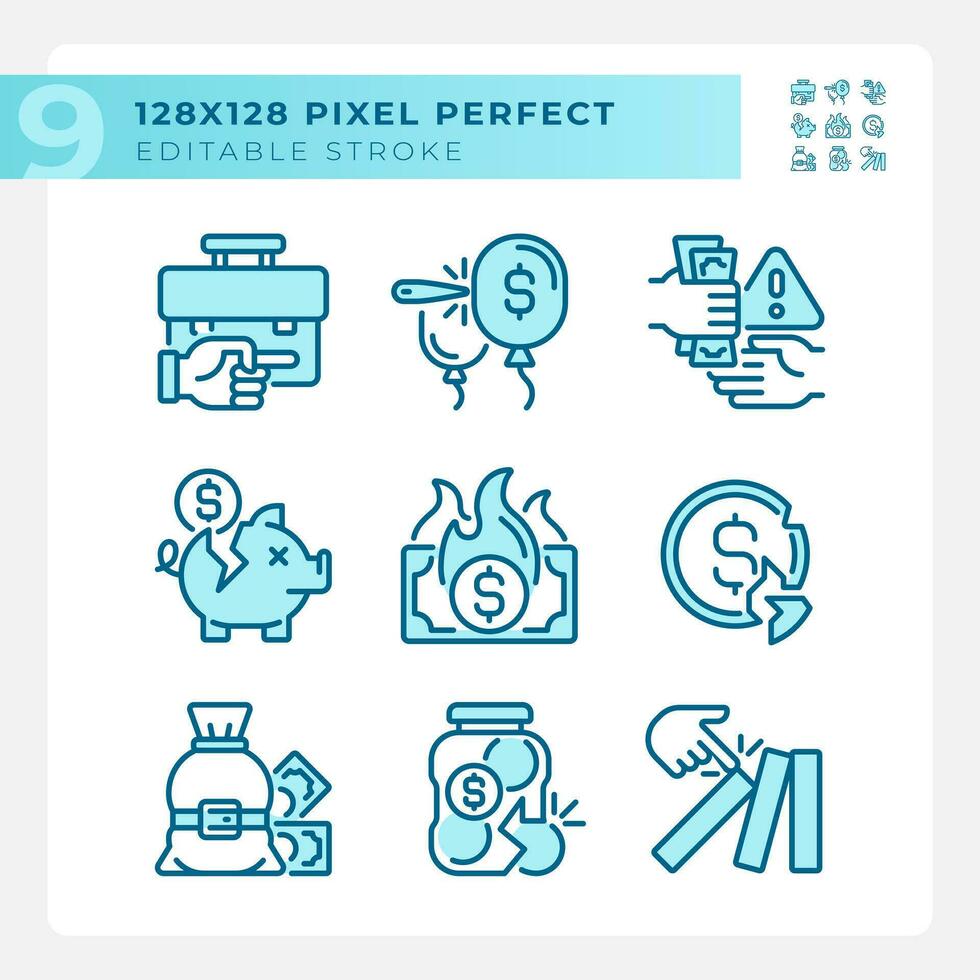 Pixel perfect simple icons set representing economic crisis, editable blue thin line illustration. vector