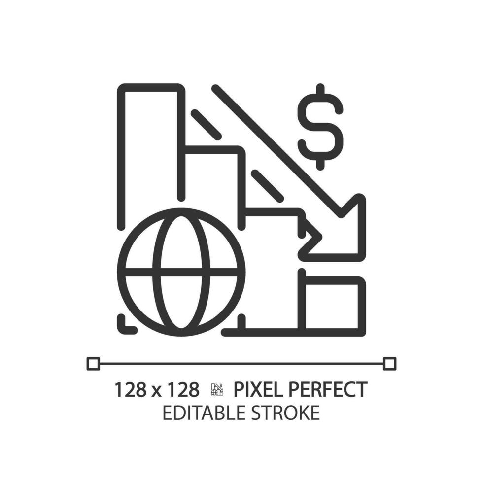 2D pixel perfect editable black global crisis icon, isolated simple vector, thin line illustration representing economic crisis. vector