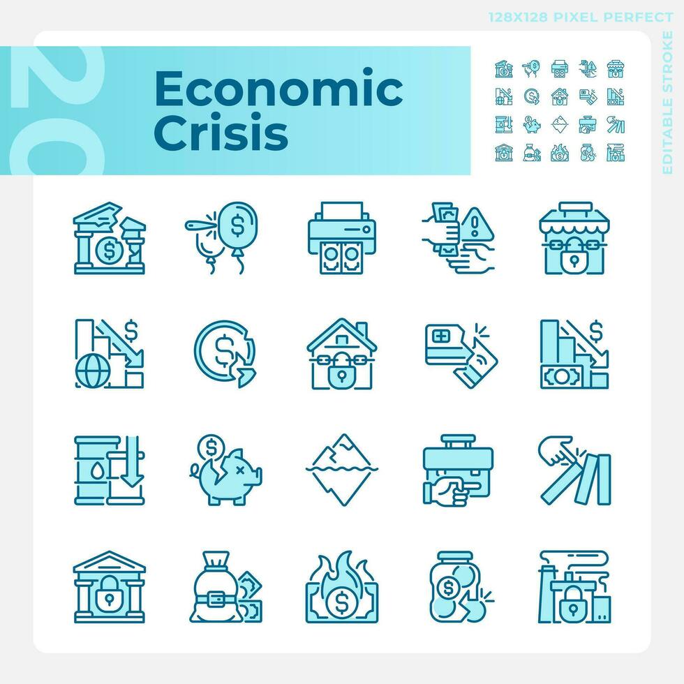2d píxel Perfecto azul íconos conjunto representando económico crisis, editable Delgado línea ilustración. vector