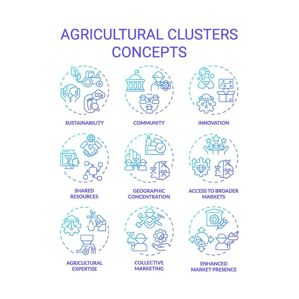 Collection of 2D gradient thin line icons representing agricultural clusters, isolated simple vector, linear illustration. vector