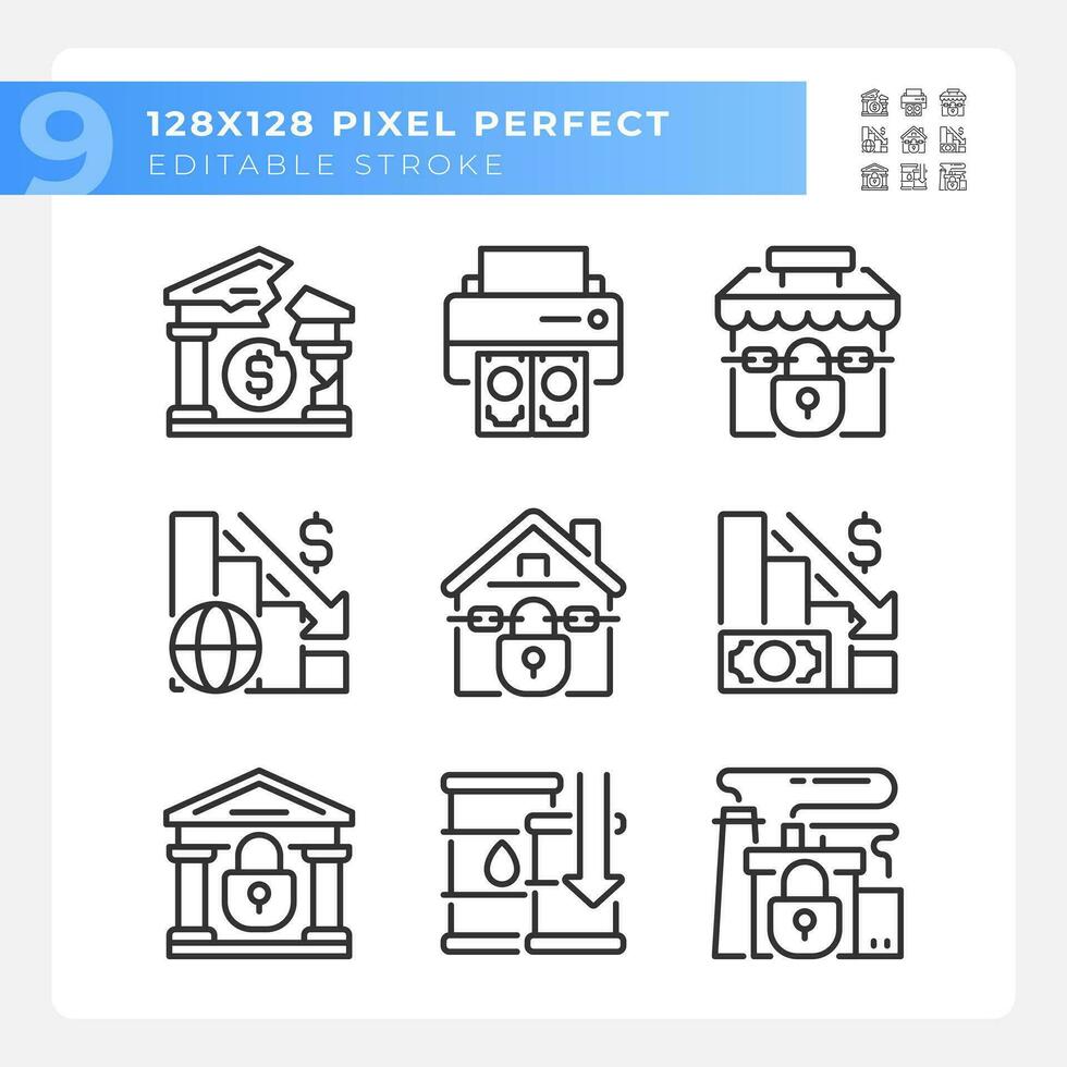 Pixel perfect black icons representing economic crisis, editable thin line illustration set. vector