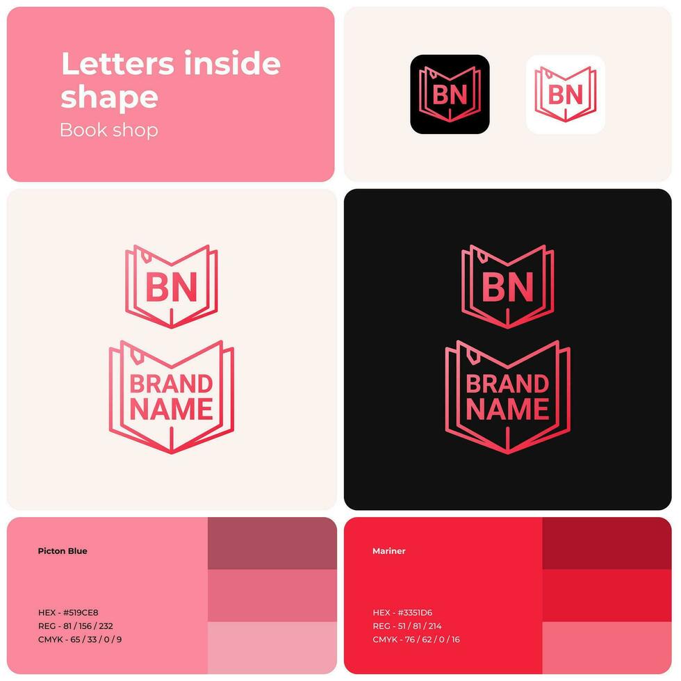 2D book shop linear logo with brand name. Simple icon. Visual identity. Editable template. Suitable for book, literature, store, shopping, library. vector