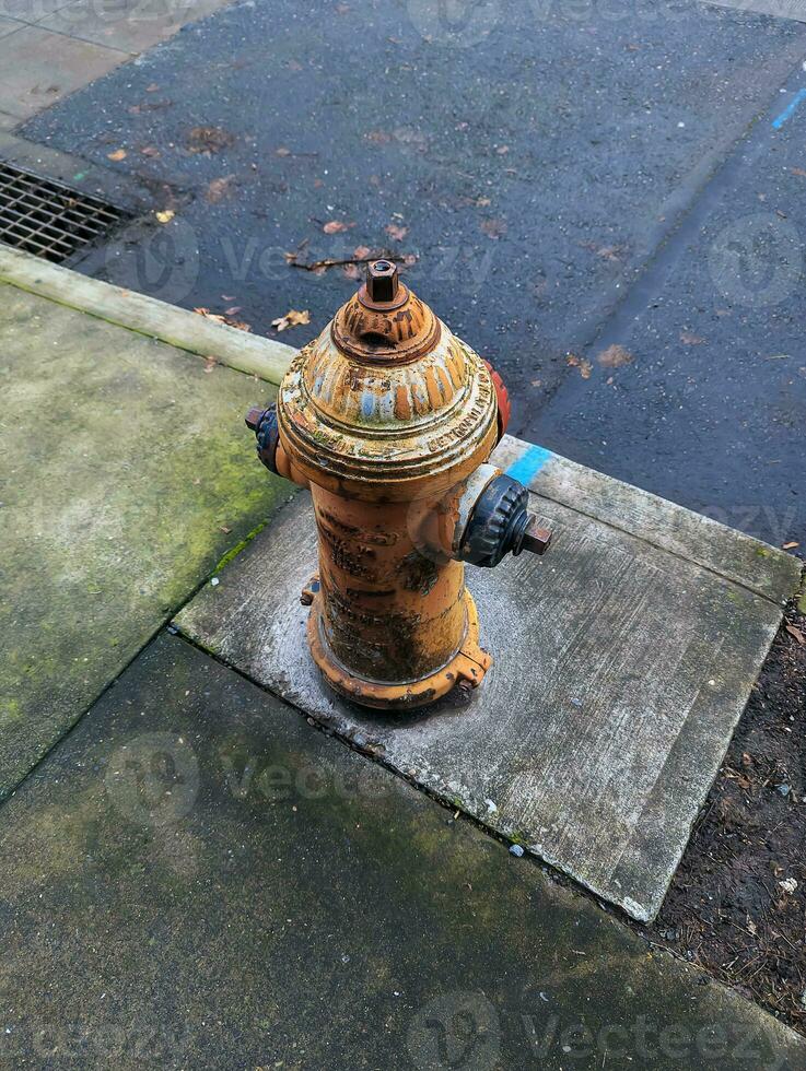 Fire hydrant stands tall on a city street in Portland, USA, symbolizing safety, emergency preparedness photo