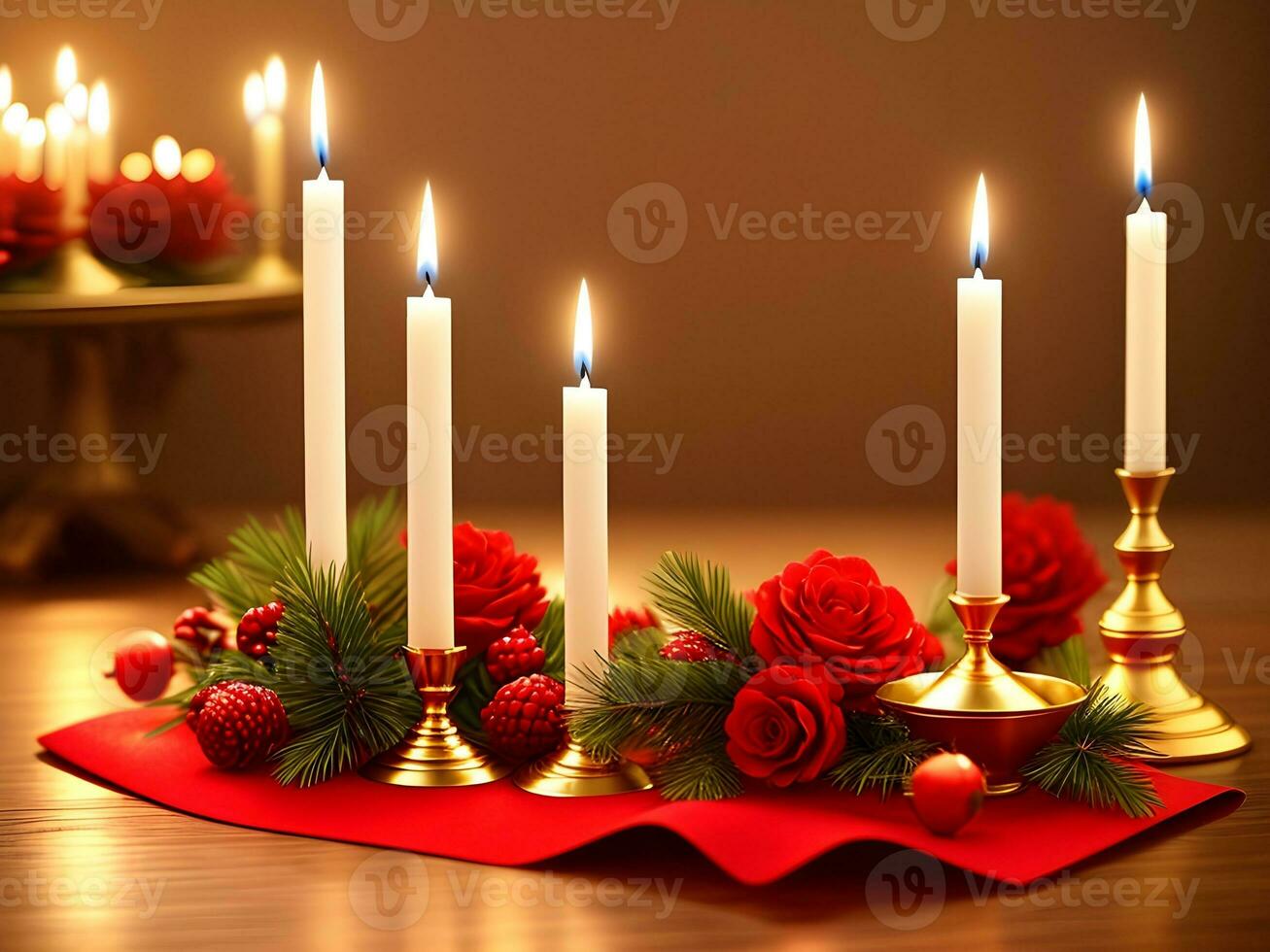 AI generated Merry Christmas and Happy New Year. Candlesticks with candles, pine cones and fir branches. Generative AI. photo